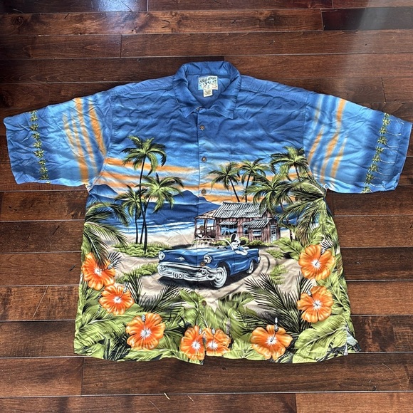 Big Dogs Shirt Mens 2X Blue Hawaiian Car Beach Palm Tree Camp Hot Rod Vintage - Picture 2 of 12